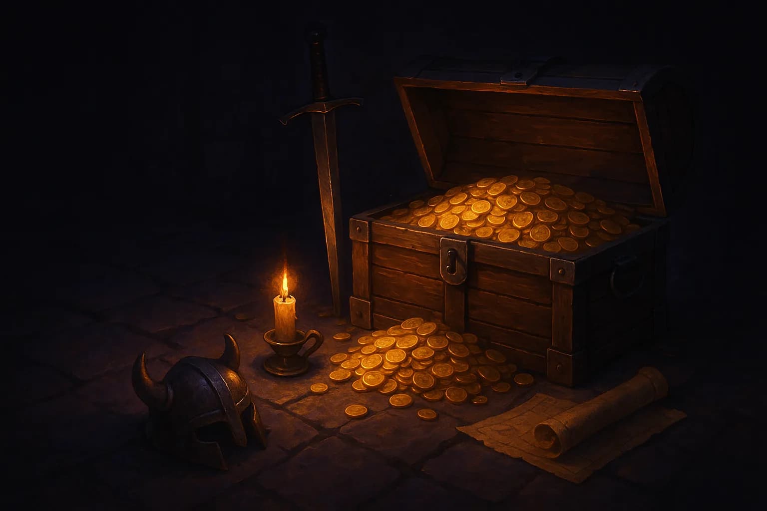 An open treasure chest overflowing with gold, beside a sword, helmet, candle and map on dungeon flagstones